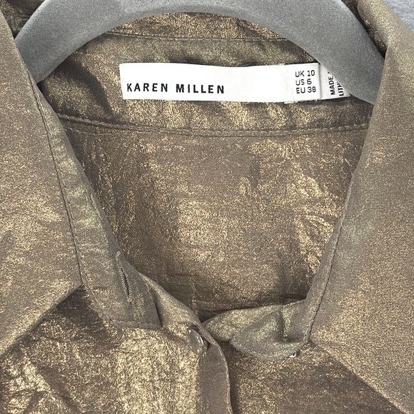 Karen Millen women’s Gold Metallic button-down shirt semi sheer blouse top SZ 6‎ - Picture 2 of 7